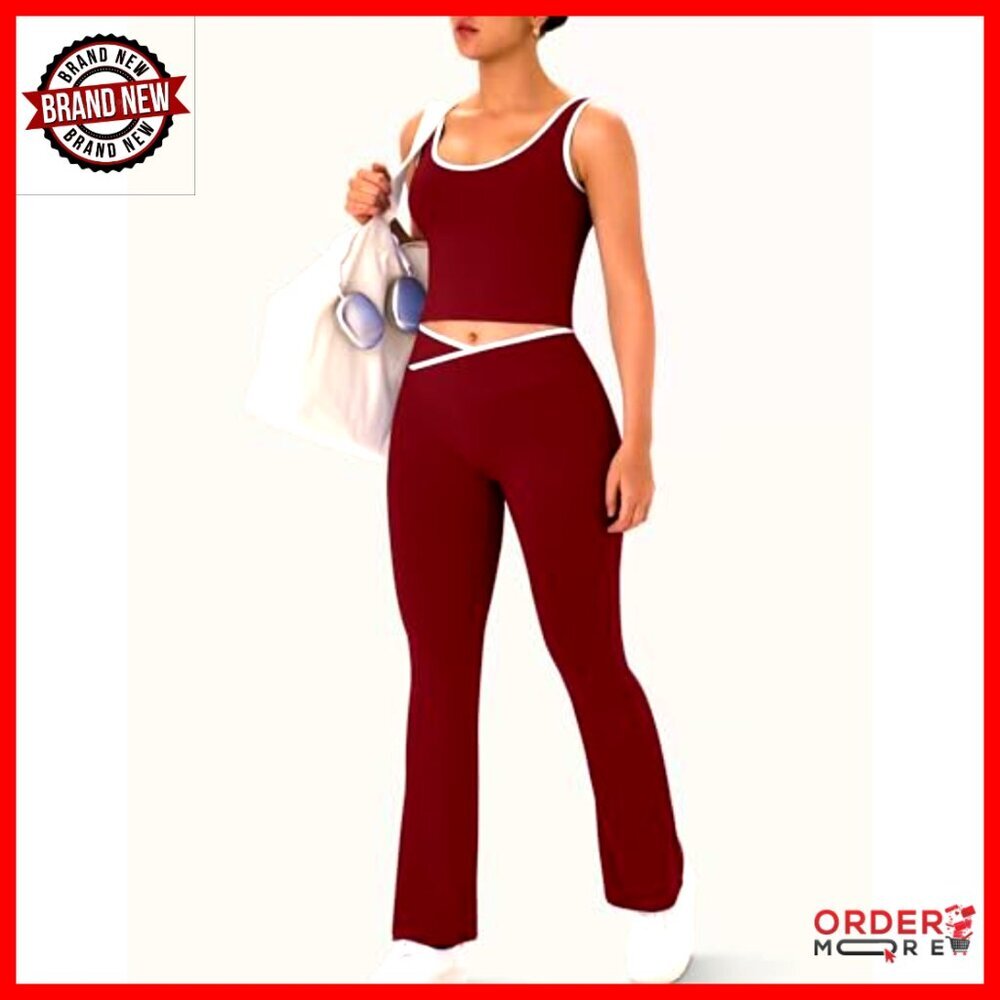 Workout Set with Flare Leggings and Crop Tank Top, Polyester Elastane Blend - Picture 4 of 7